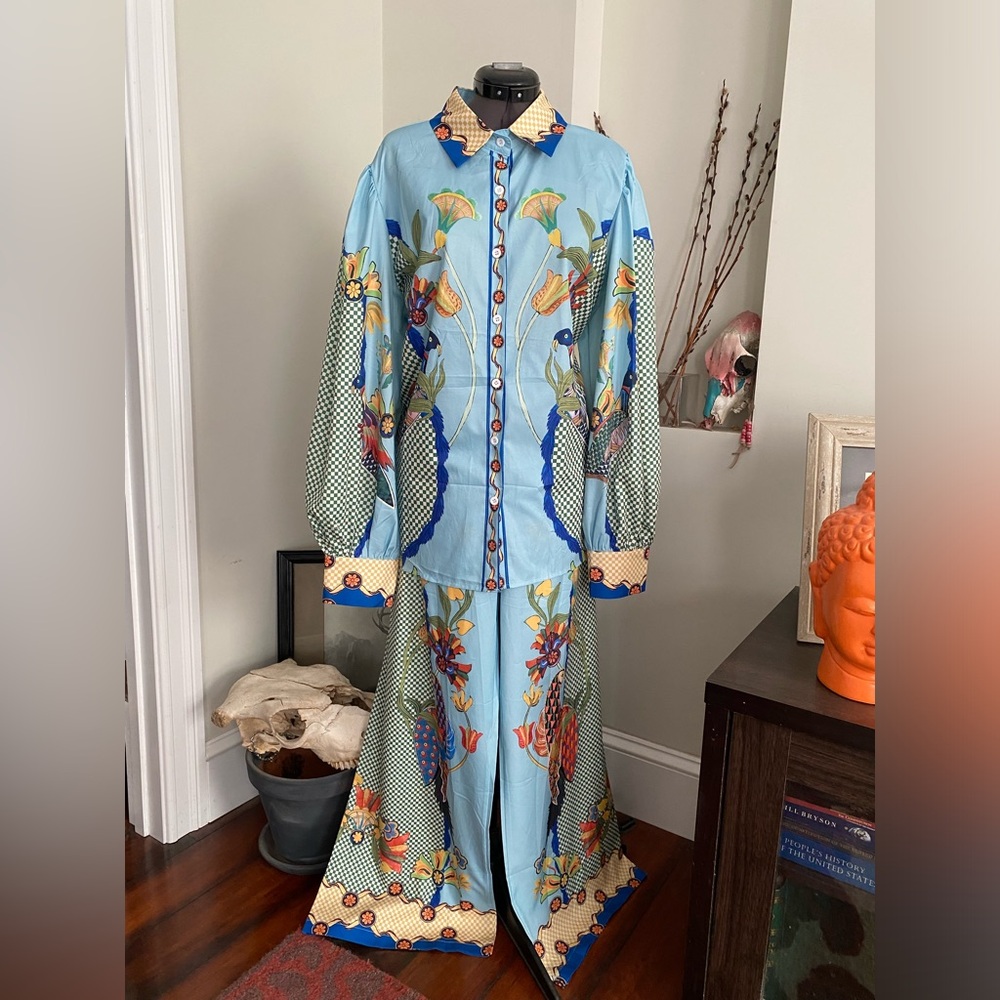 Light Blue Floral Button-Up Top and Wide Leg Pants Set, xxl